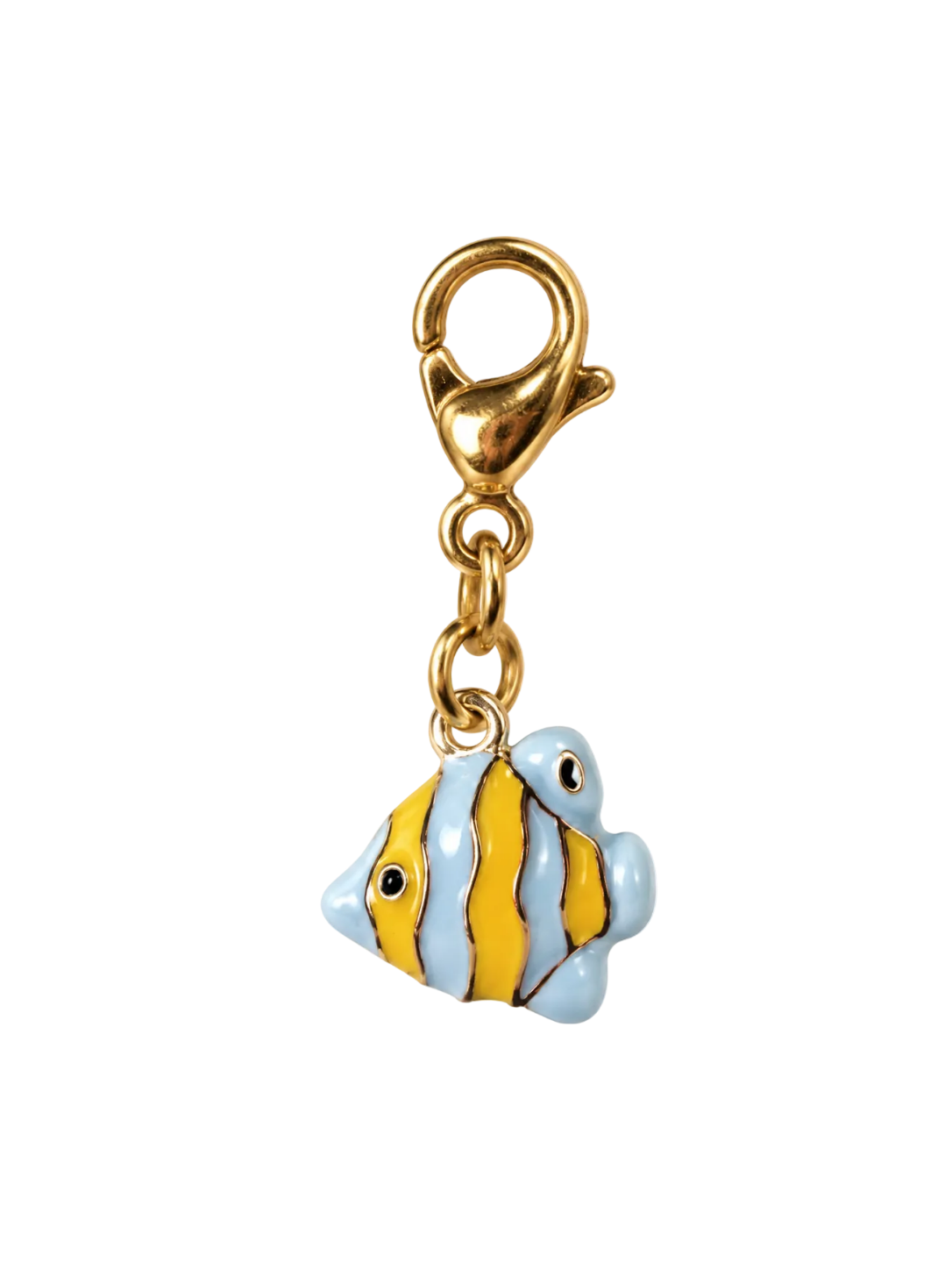 A gold-plated lobster clasp keychain charm shaped like a clownfish, featuring yellow and light blue enamel with black stripes, set against a plain white background.