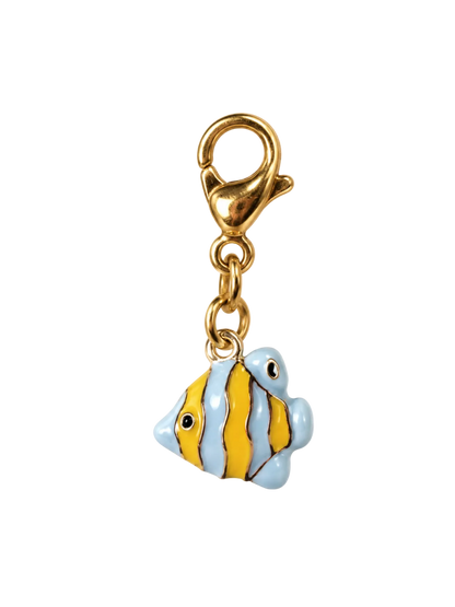 A gold-plated lobster clasp keychain charm shaped like a clownfish, featuring yellow and light blue enamel with black stripes, set against a plain white background.