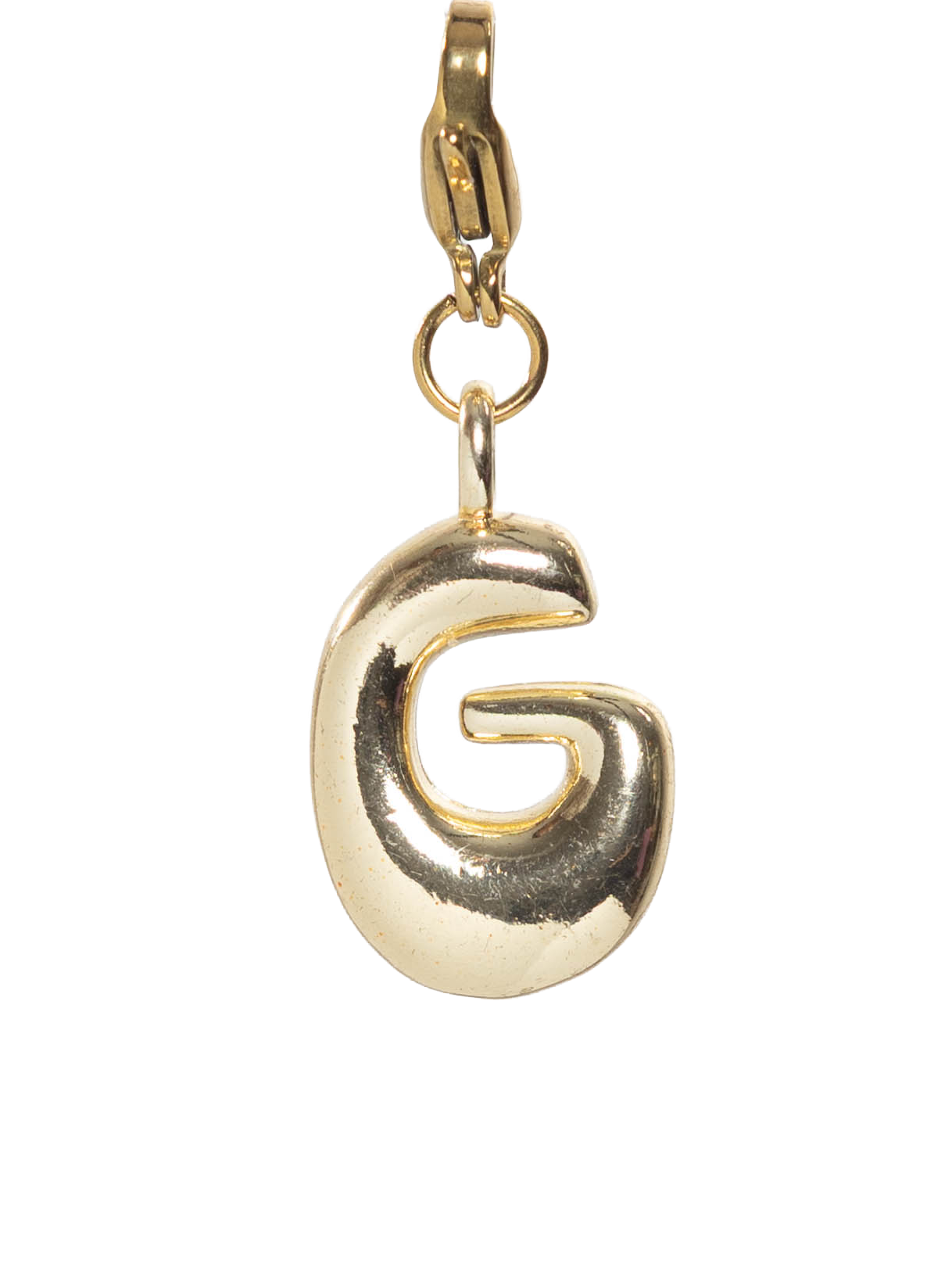 Gold plated letter G charm stainless steel clasp on a white background