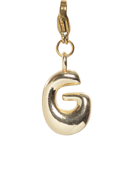 Gold plated letter G charm stainless steel clasp on a white background