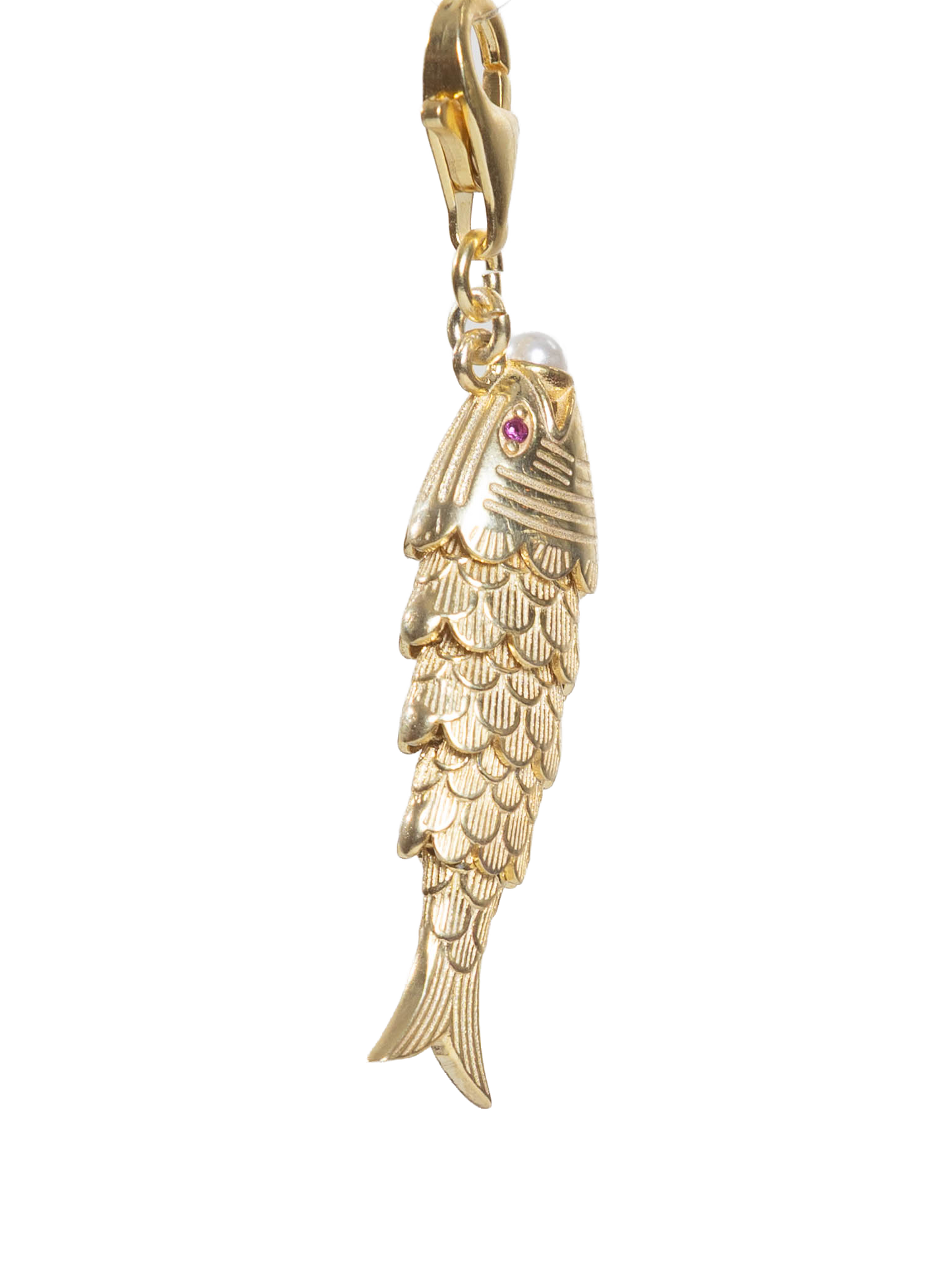 Gold fish-shaped pendant on a white background