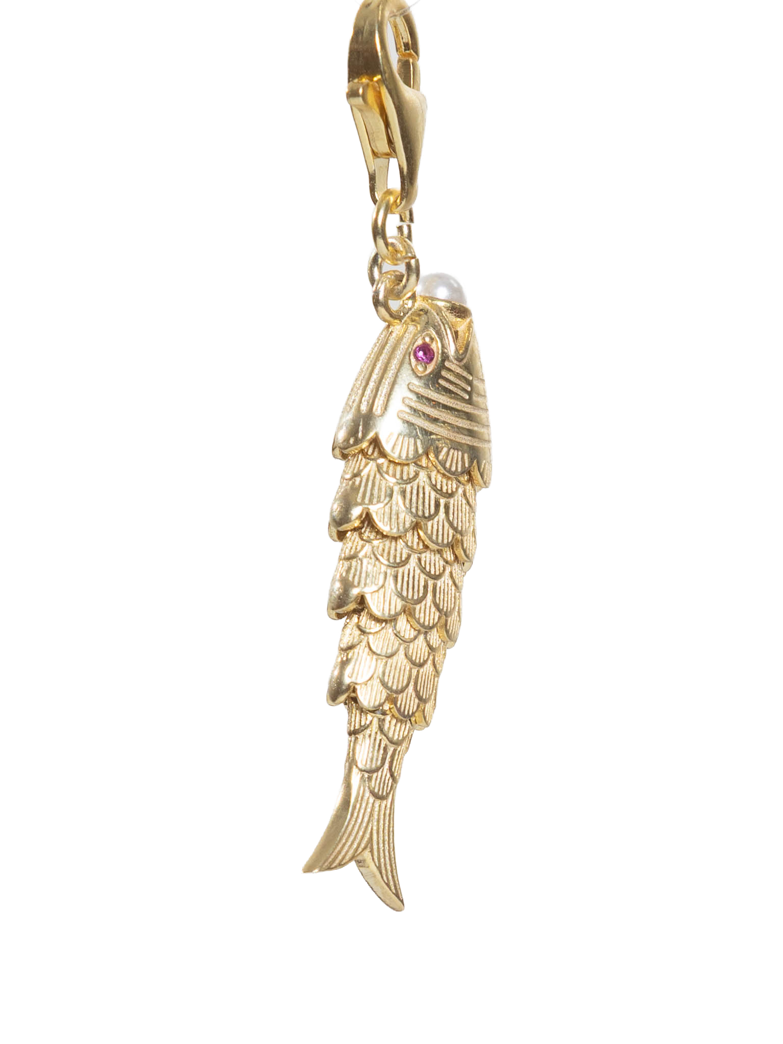 Gold fish-shaped pendant on a white background