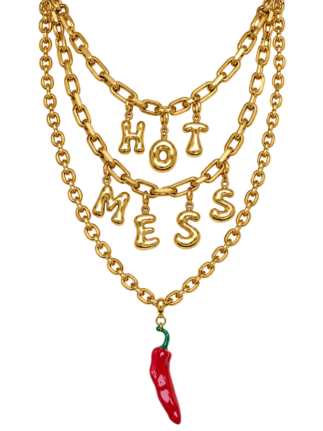 A gold multi-layered millie madness chain necklace featuring dangling letters spelling 'HOT MESS' and a red chili pepper charm at the bottom, shown on a plain white background.