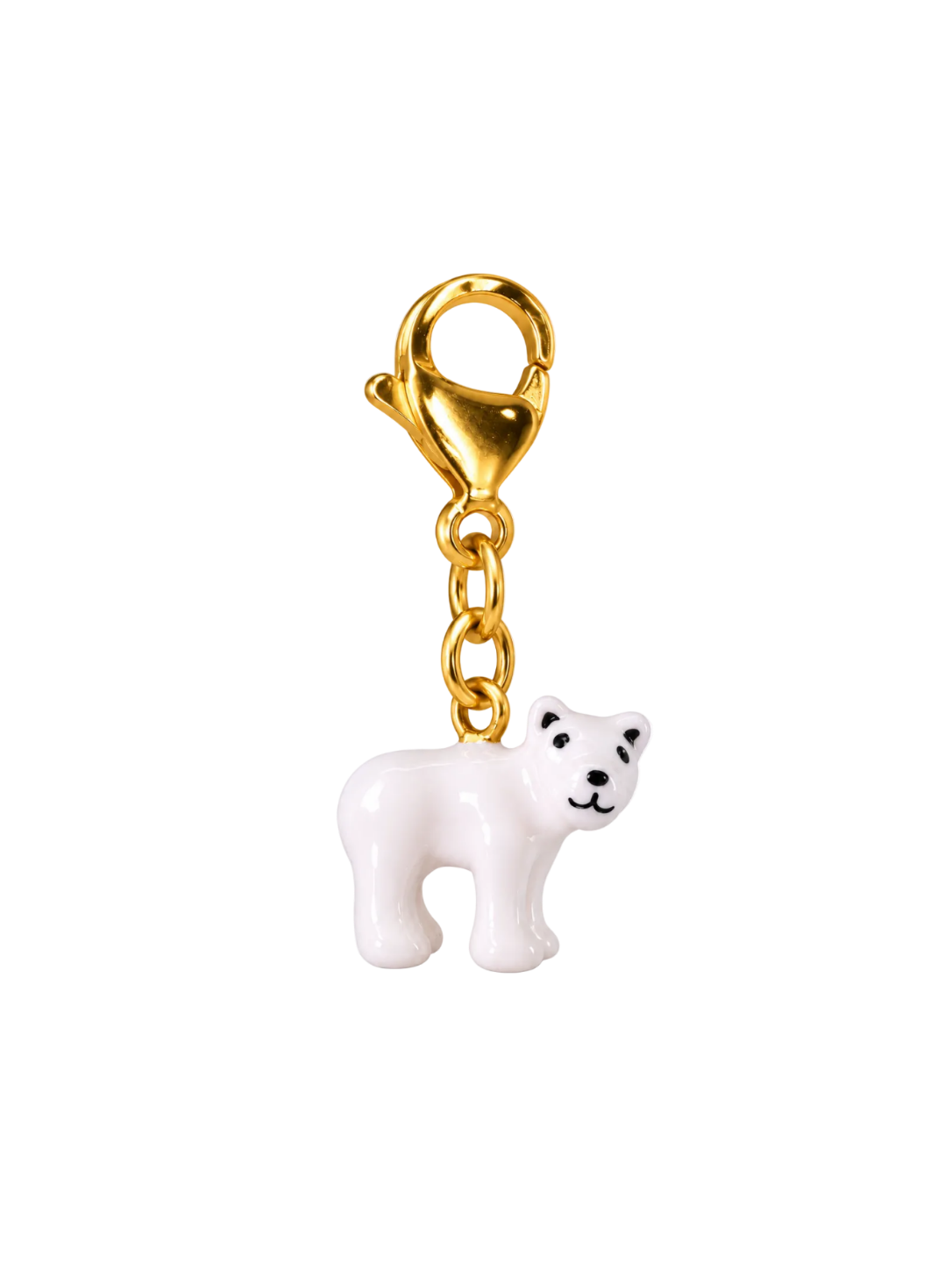 A gold-tone lobster clasp keychain featuring a small white polar bear charm with black facial details, shown against a plain white background.