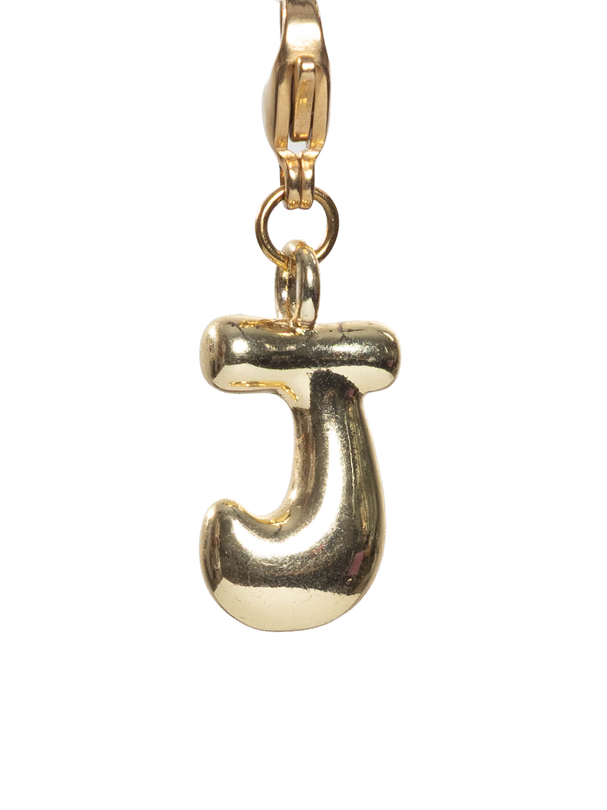 Gold plated letter J charm stainless steel clasp on a white background