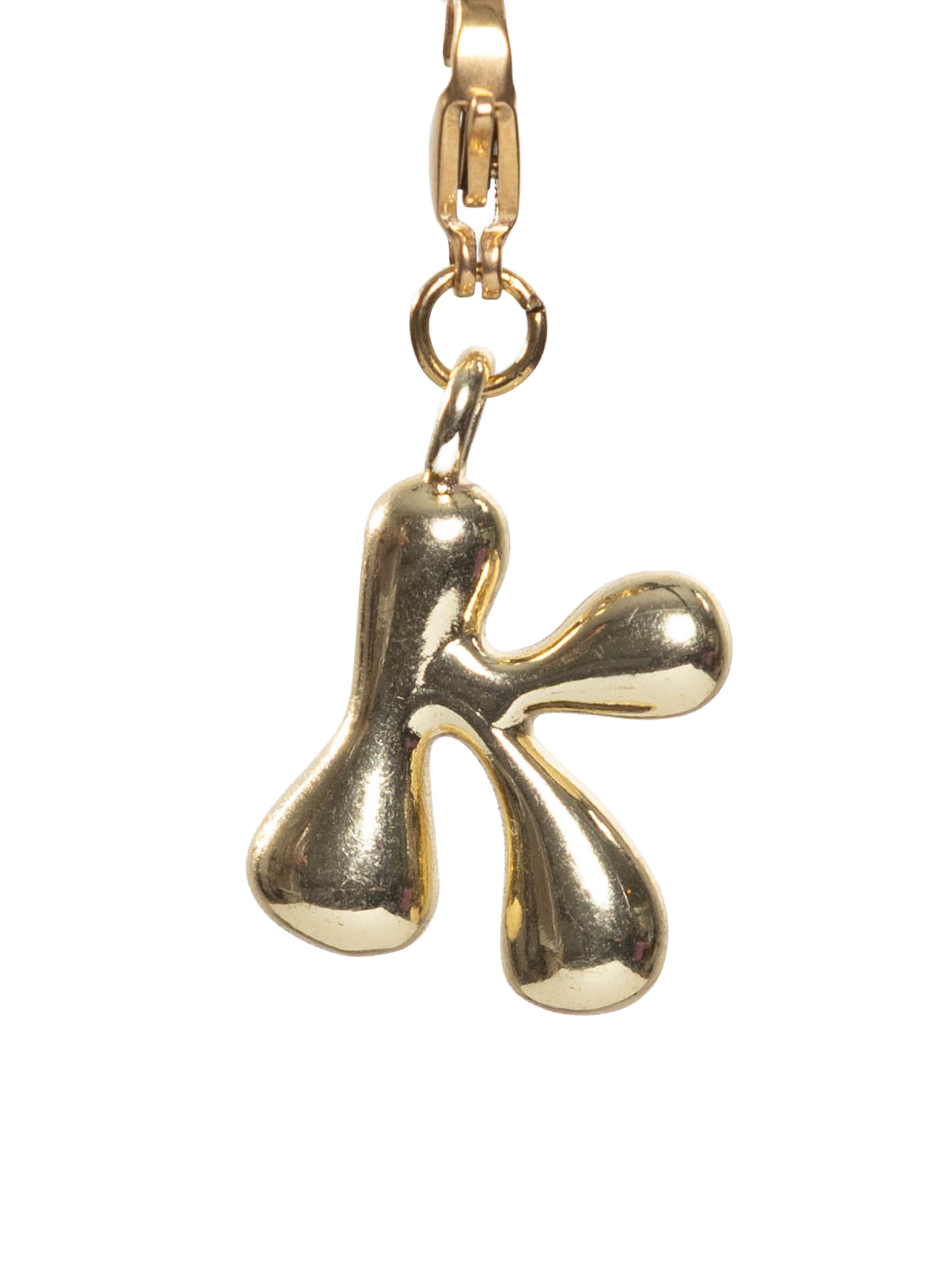 Gold plated letter K charm stainless steel clasp on a white background