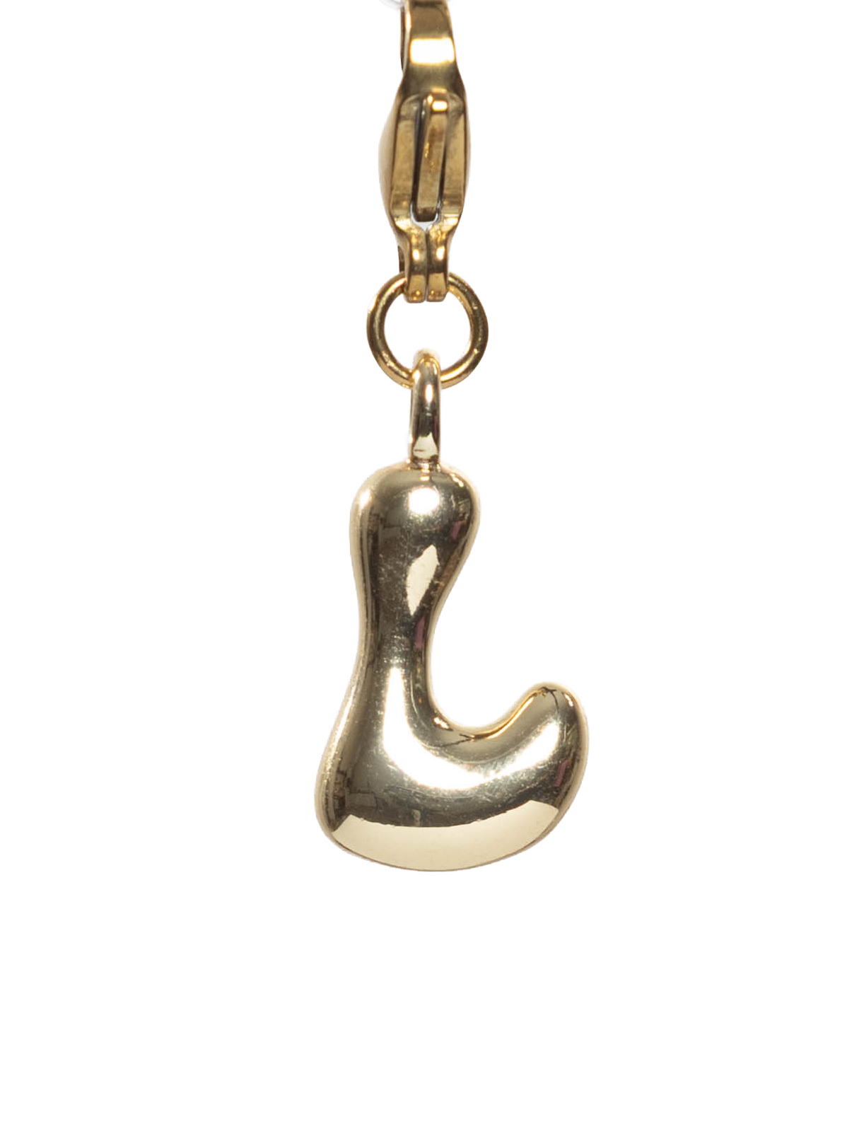Gold plated letter L charm stainless steel clasp on a white background