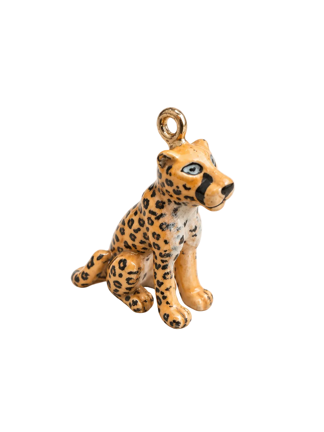 A small resin charm millie madness of a sitting cheetah with a gold-tone loop at the top, shown on a plain white background.
