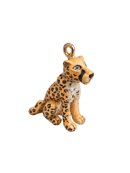A small resin charm millie madness of a sitting cheetah with a gold-tone loop at the top, shown on a plain white background.