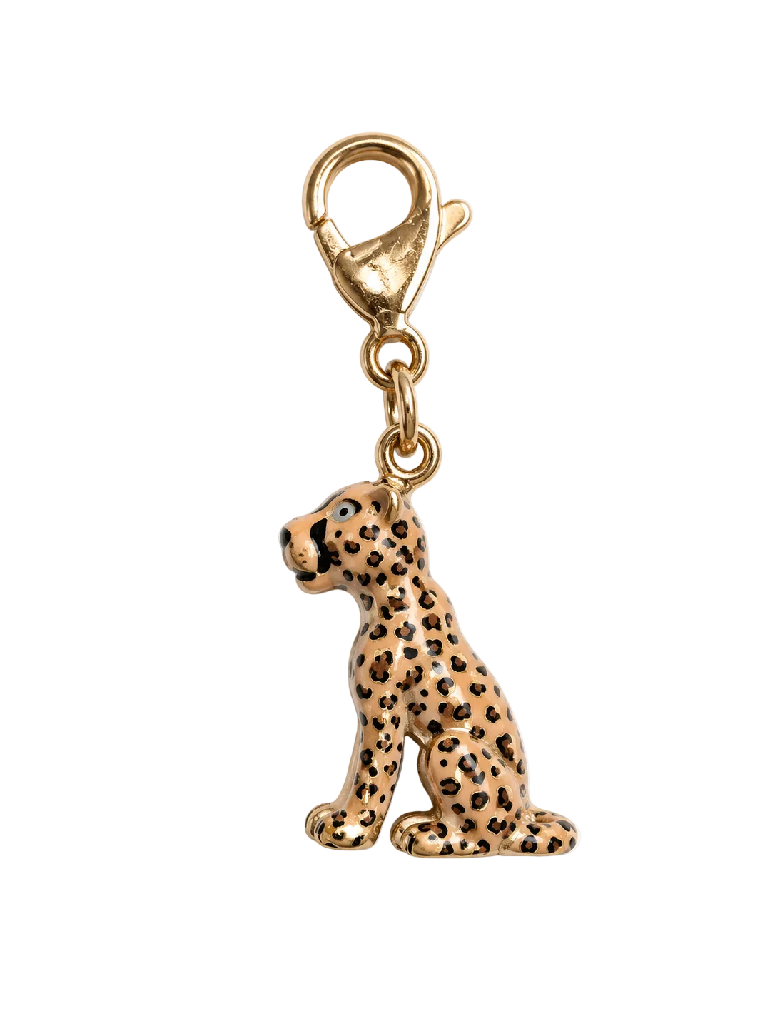 A gold-tone leopard millie madness charm shaped like a sitting leopard or cheetah, with a warm tan base and black spots, attached to a lobster clasp on a plain white background.