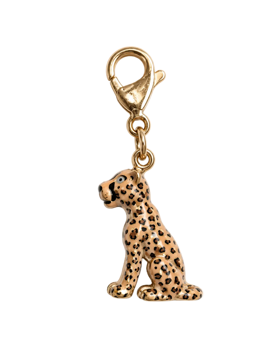 A gold-tone leopard millie madness charm shaped like a sitting leopard or cheetah, with a warm tan base and black spots, attached to a lobster clasp on a plain white background.