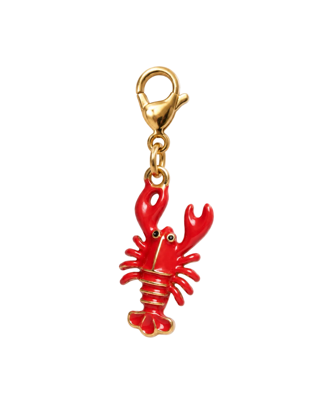 A millie madness lobster charm with bright red enamel and gold-tone metal details, attached to a gold lobster clasp, shown on a plain white background.
