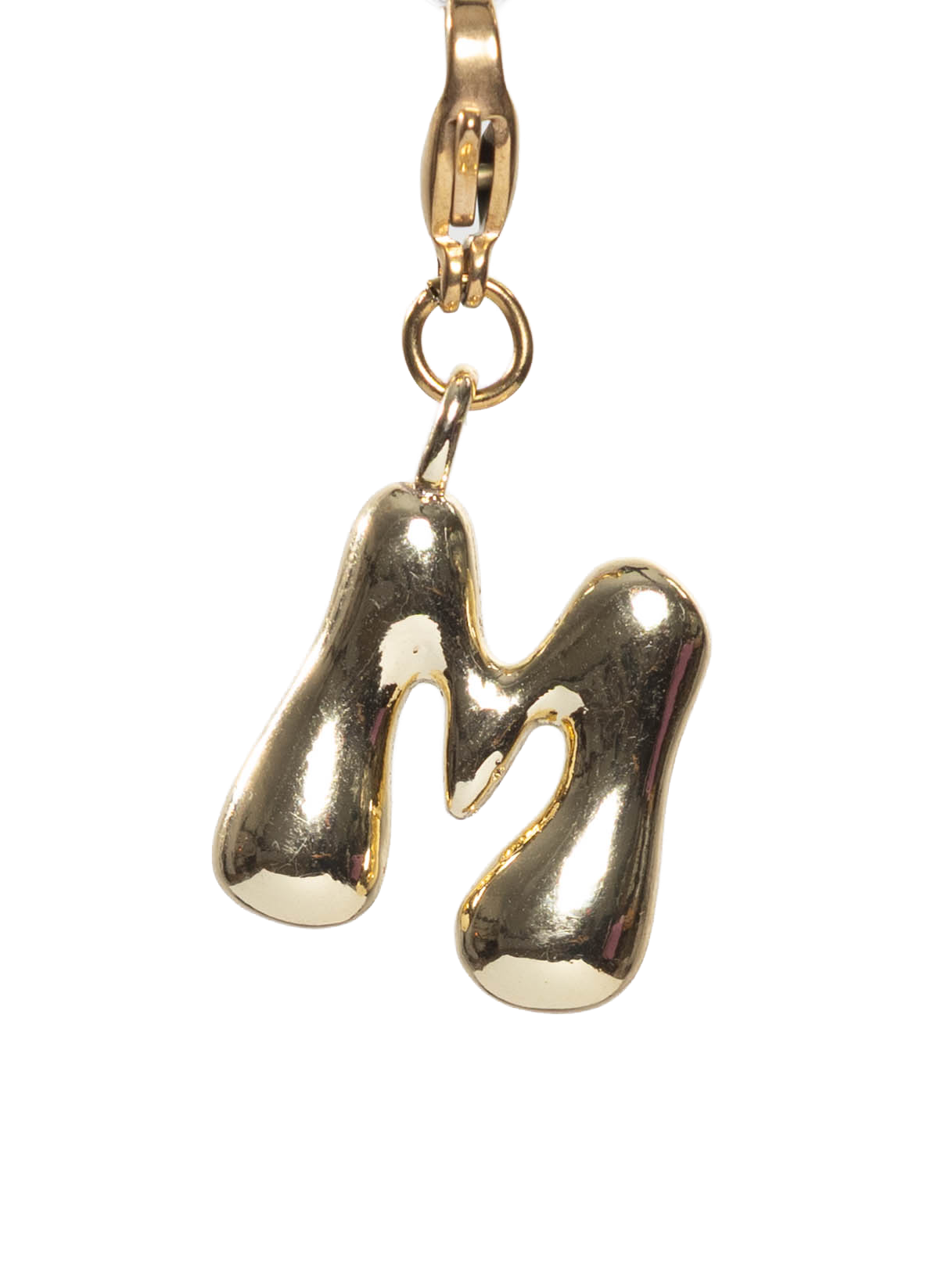 Gold plated letter M charm stainless steel clasp on a white background