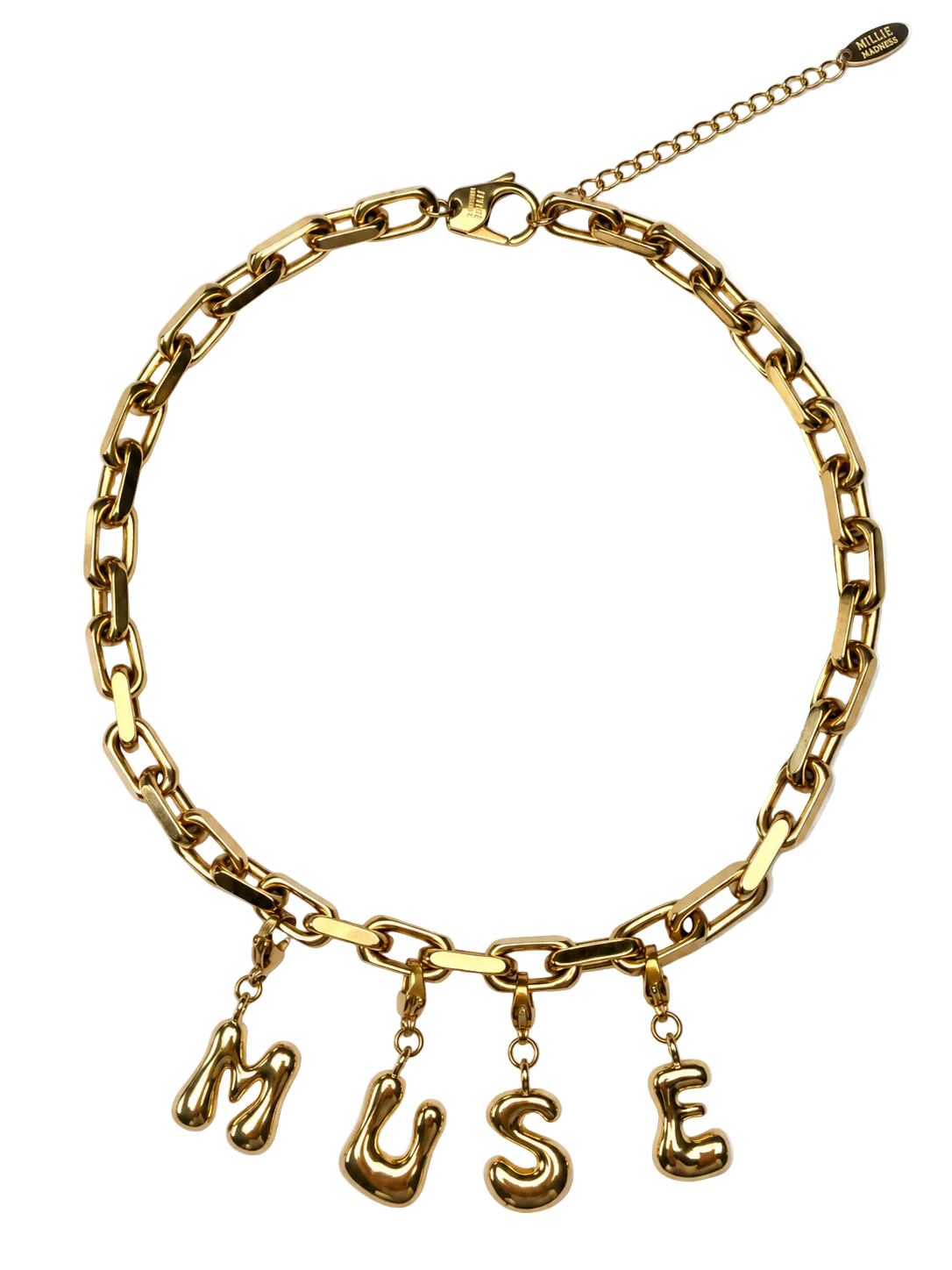 A gold-tone millie madness chain necklace with dangling letter charms spelling 'MUSE' on a plain white background.