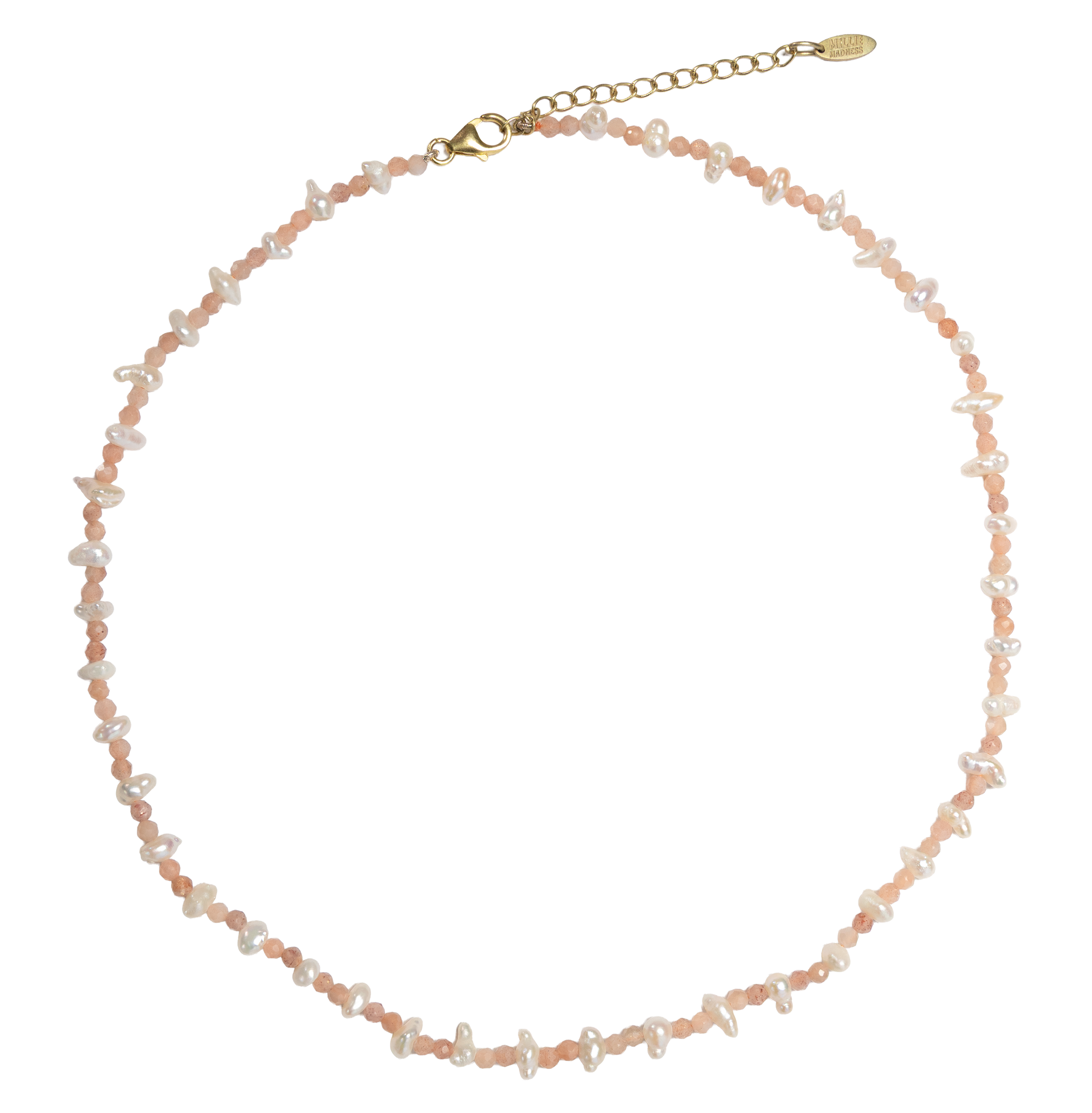 Necklace with moonstone and pearls semi precious stones with gold clasp on a white background