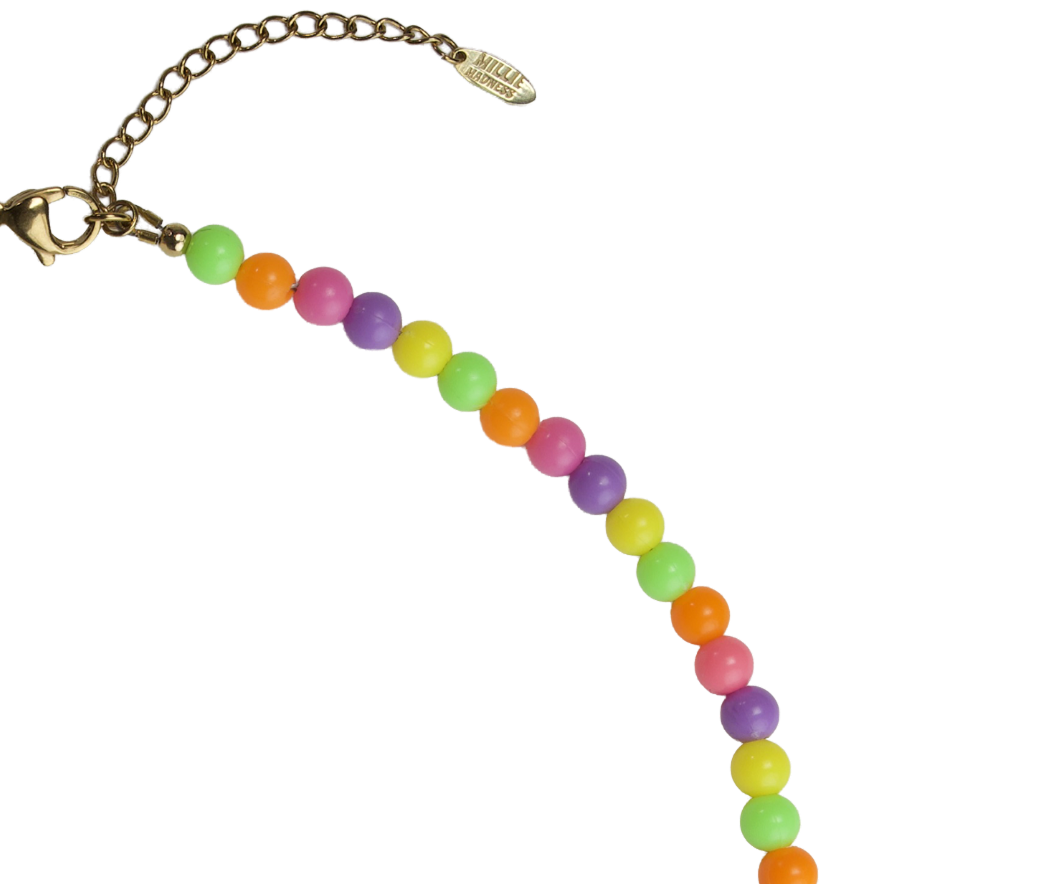 Colorful beaded necklace on a white background