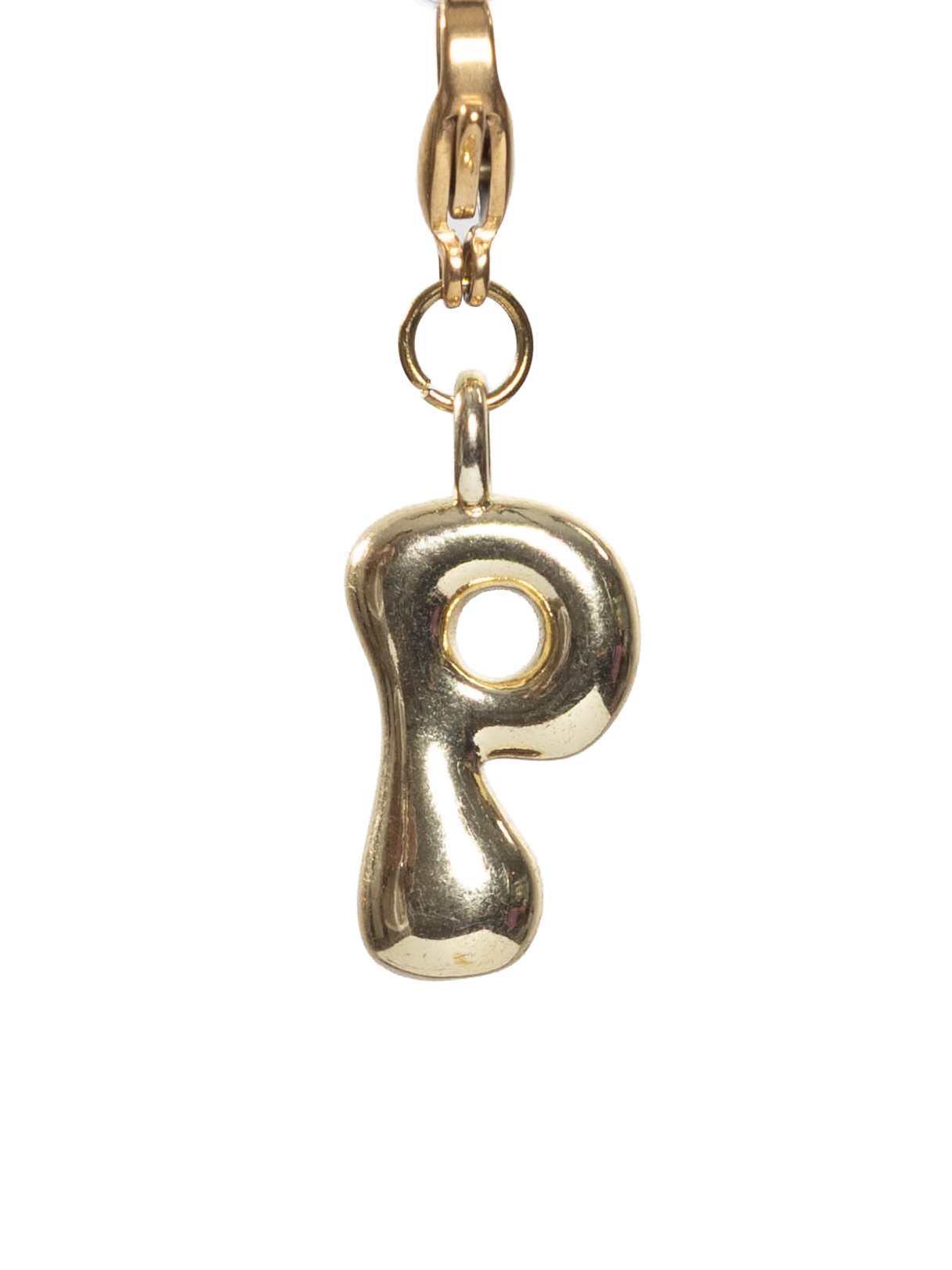 Gold plated letter P charm stainless steel clasp on a white background