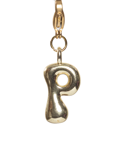 Gold plated letter P charm stainless steel clasp on a white background