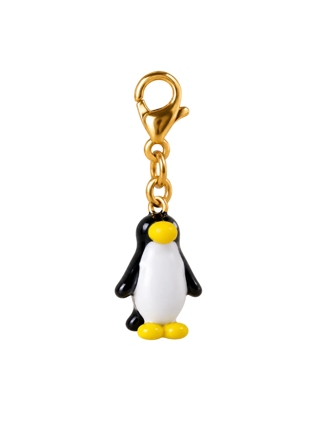 A gold-tone lobster clasp keychain charm shaped like a penguin, featuring a white belly, black back, yellow beak, and yellow feet, shown on a plain white background.