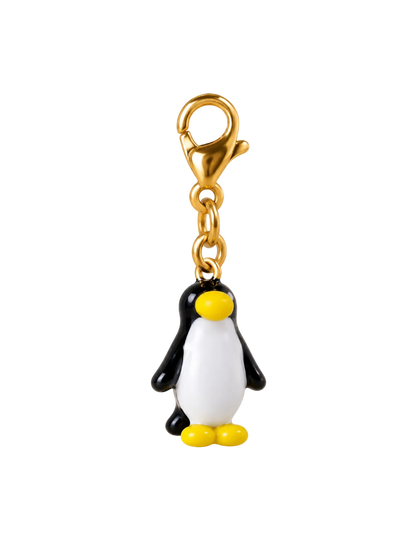 A gold-tone lobster clasp keychain charm shaped like a penguin, featuring a white belly, black back, yellow beak, and yellow feet, shown on a plain white background.