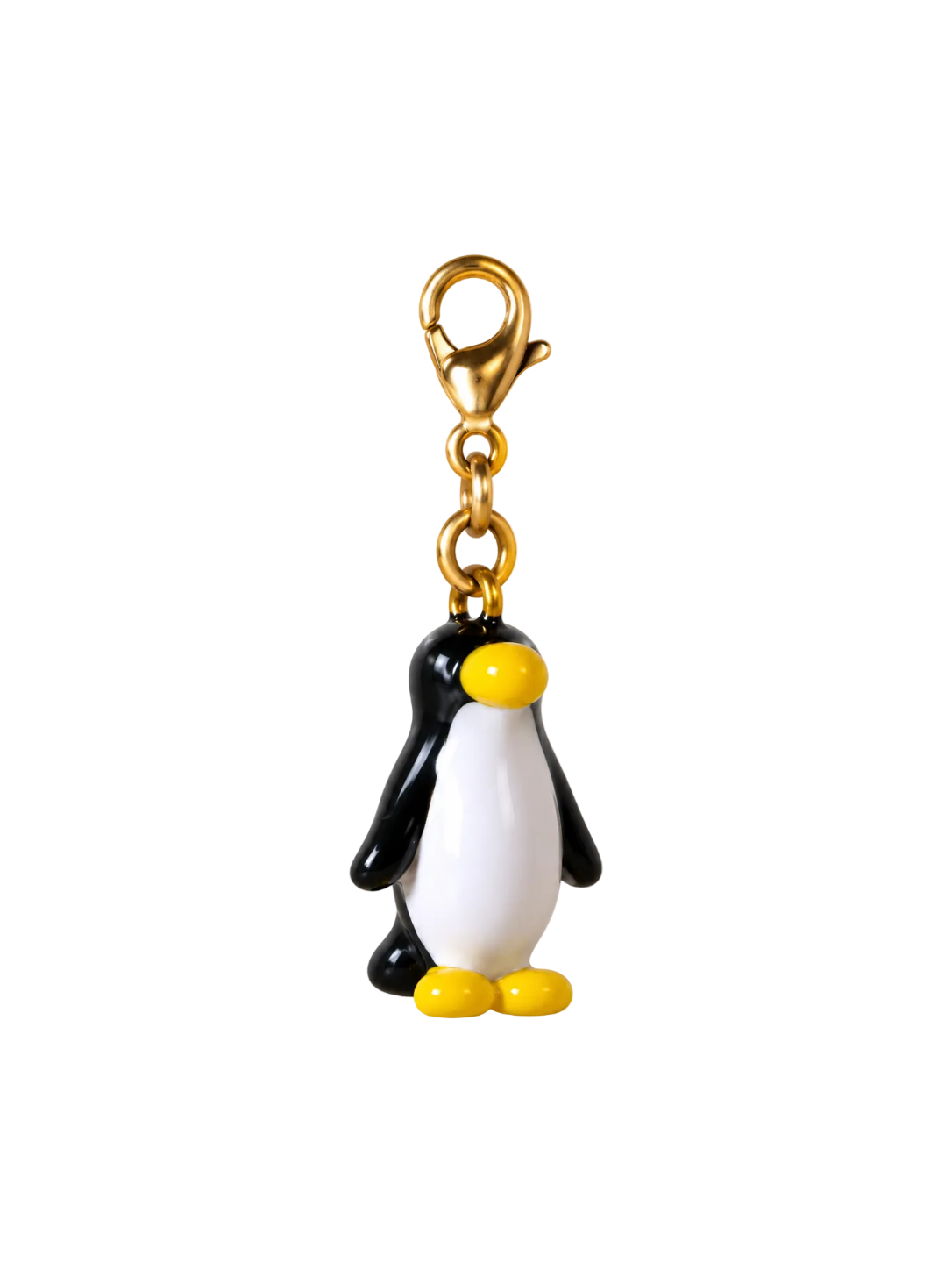 A penguin-shaped keychain charm with a gold lobster clasp, featuring a black and white body with a yellow beak and feet, isolated on a white background.