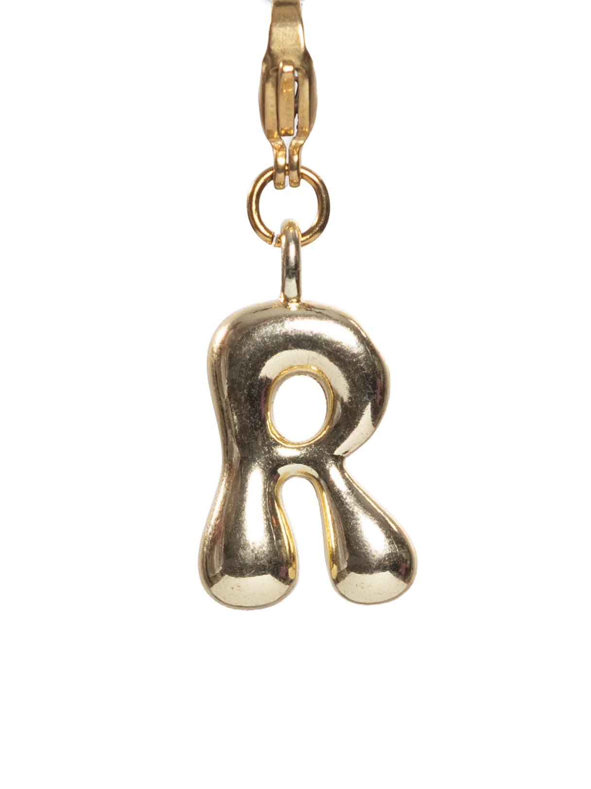 Gold plated letter R charm stainless steel clasp on a white background