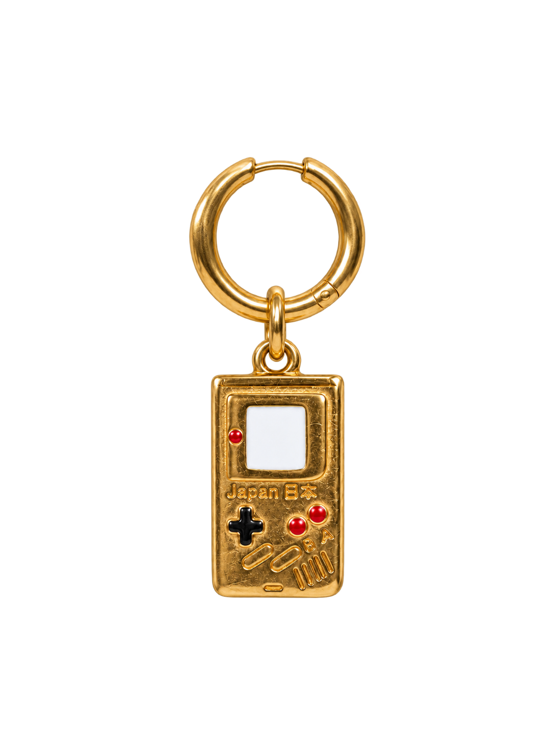 A gold-colored millie madness handheld game console keychain charm with a split ring, featuring red, black, and white details on a plain white background.