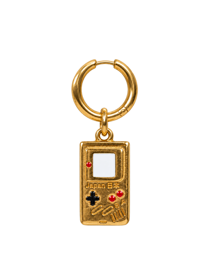 A gold-colored millie madness handheld game console keychain charm with a split ring, featuring red, black, and white details on a plain white background.