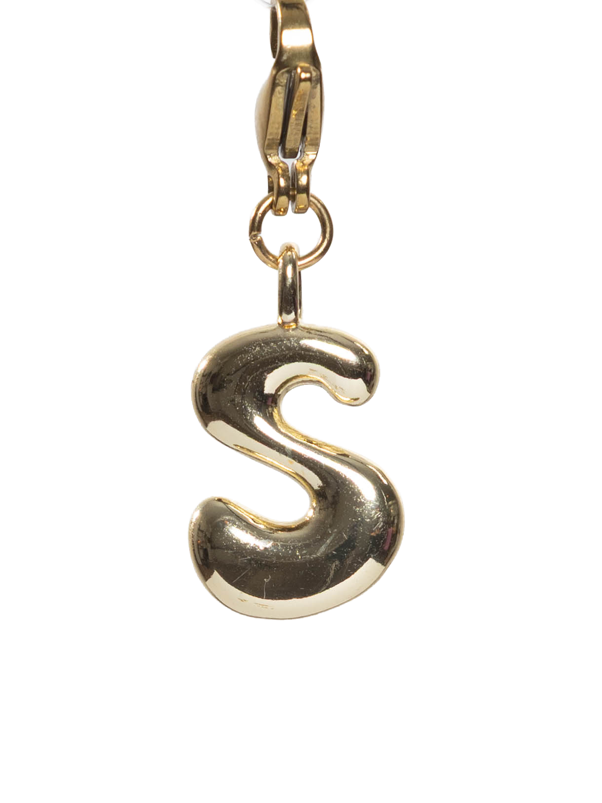 Gold plated letter S charm stainless steel clasp on a white background