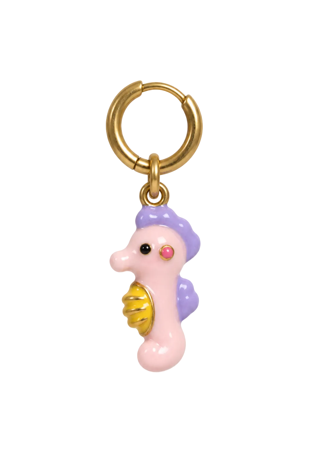 A small seahorse-shaped charm keychain with a gold-tone split ring. The charm features a light pink body, a purple top, and a gold shell detail, set against a plain white background.