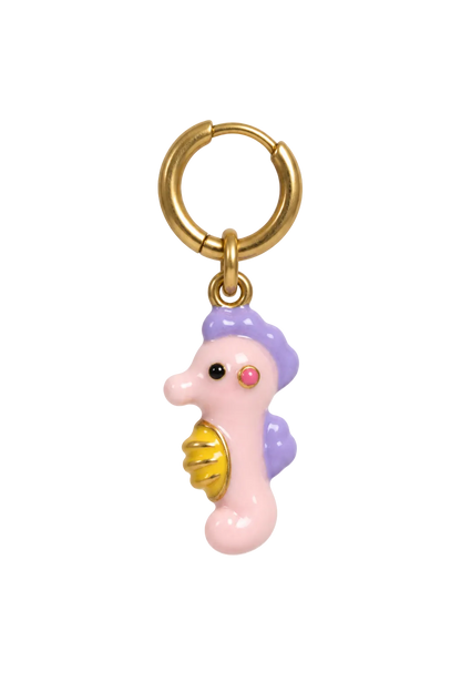 A small seahorse-shaped charm keychain with a gold-tone split ring. The charm features a light pink body, a purple top, and a gold shell detail, set against a plain white background.