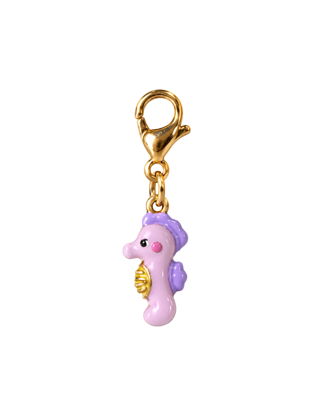 A small seahorse charm with a gold clasp, featuring a light pink body, purple details, and a gold shell accent, isolated on a white background.