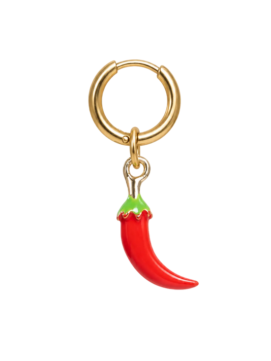 A gold-plated ear cuff ring with a dangling chili pepper charm. The charm features a bright red body with a green stem, suspended from a small gold connector and attached to the circular ear cuff.