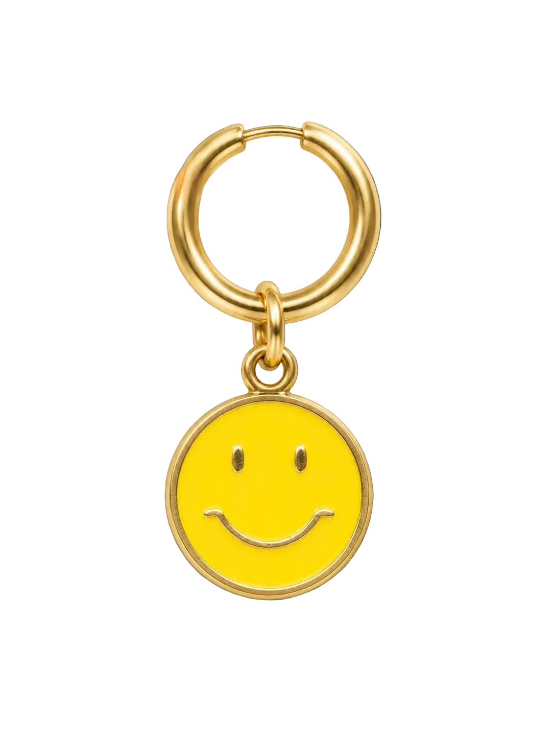 A gold-tone smiley face earring millie madness with a yellow enamel face and a matching gold-tone hoop ring, shown on a plain white background.