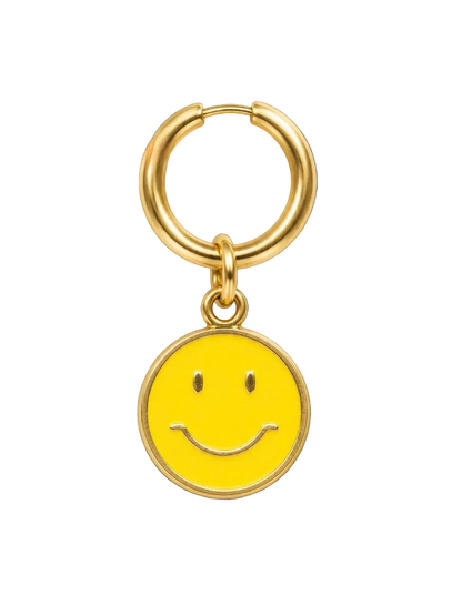 A gold-tone smiley face earring millie madness with a yellow enamel face and a matching gold-tone hoop ring, shown on a plain white background.
