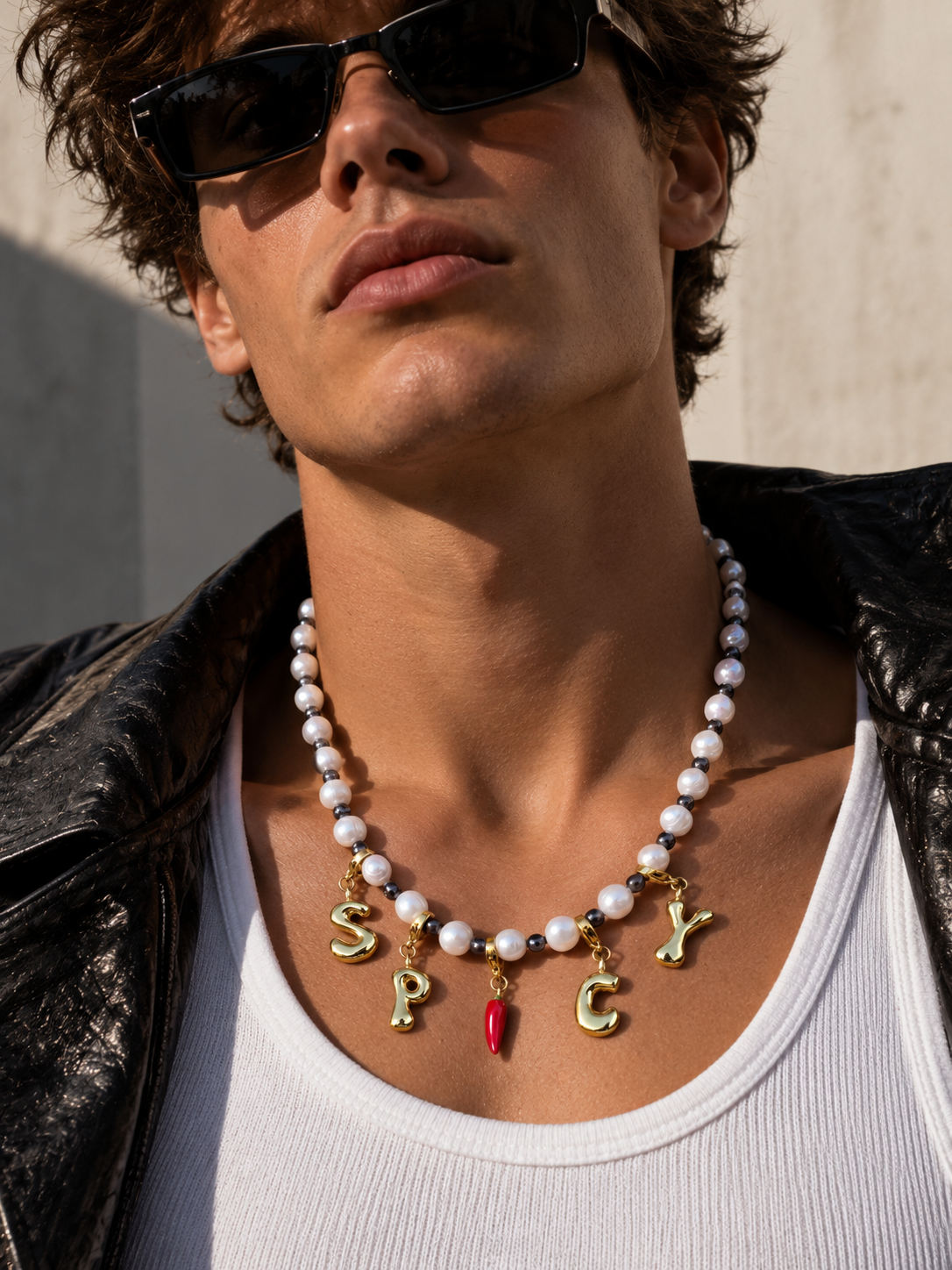 A close-up lifestyle shot of a man wearing a white beaded  millie madness necklace with gold letter charms spelling 'SPICY' and a small red heart pendant, styled with a black leather jacket and white ribbed tank top.