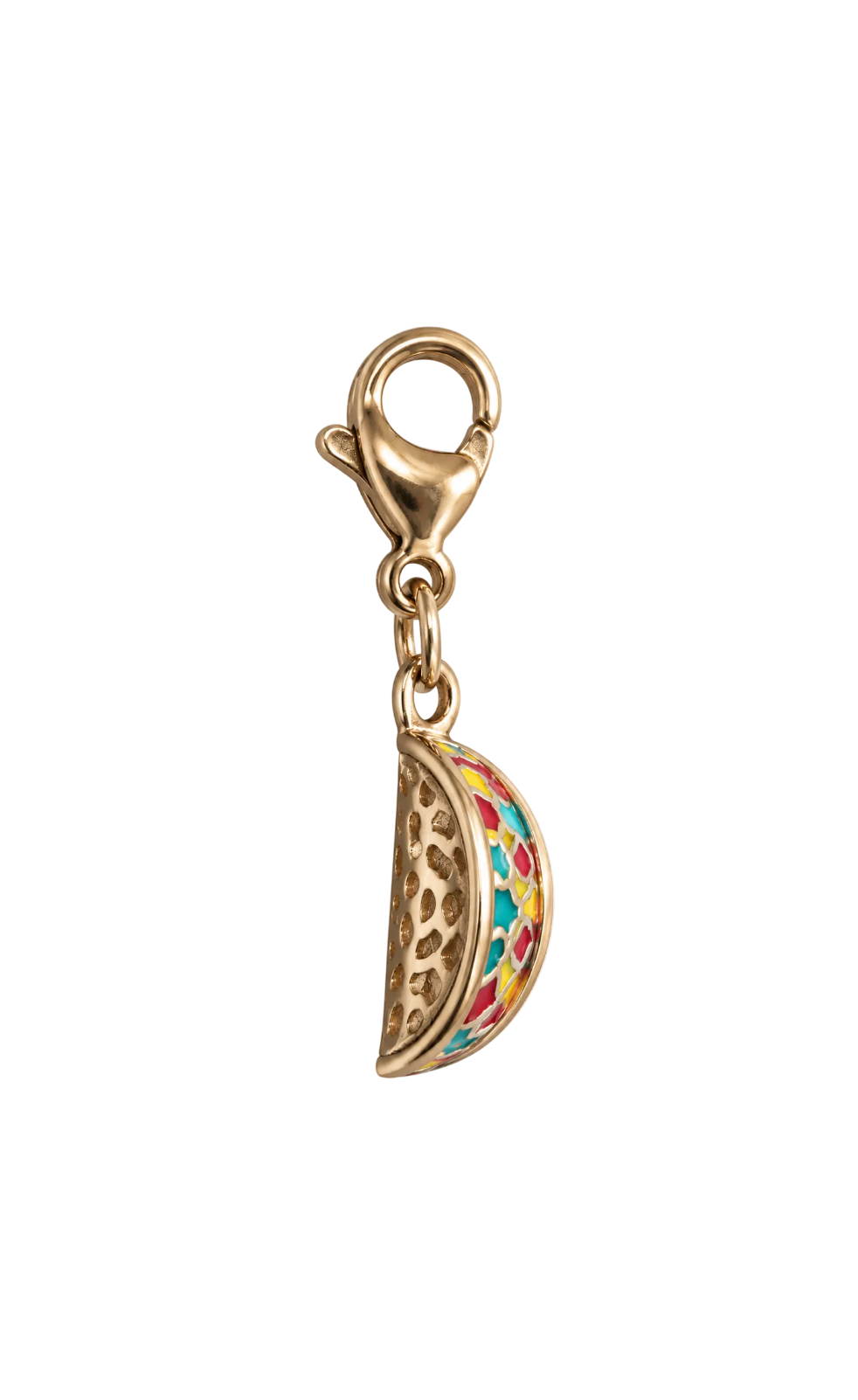 A gold-plated millie madness charm shaped like a half-taco with colorful enamel filling, shown on a plain white background.