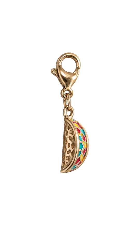 A gold-plated millie madness charm shaped like a half-taco with colorful enamel filling, shown on a plain white background.