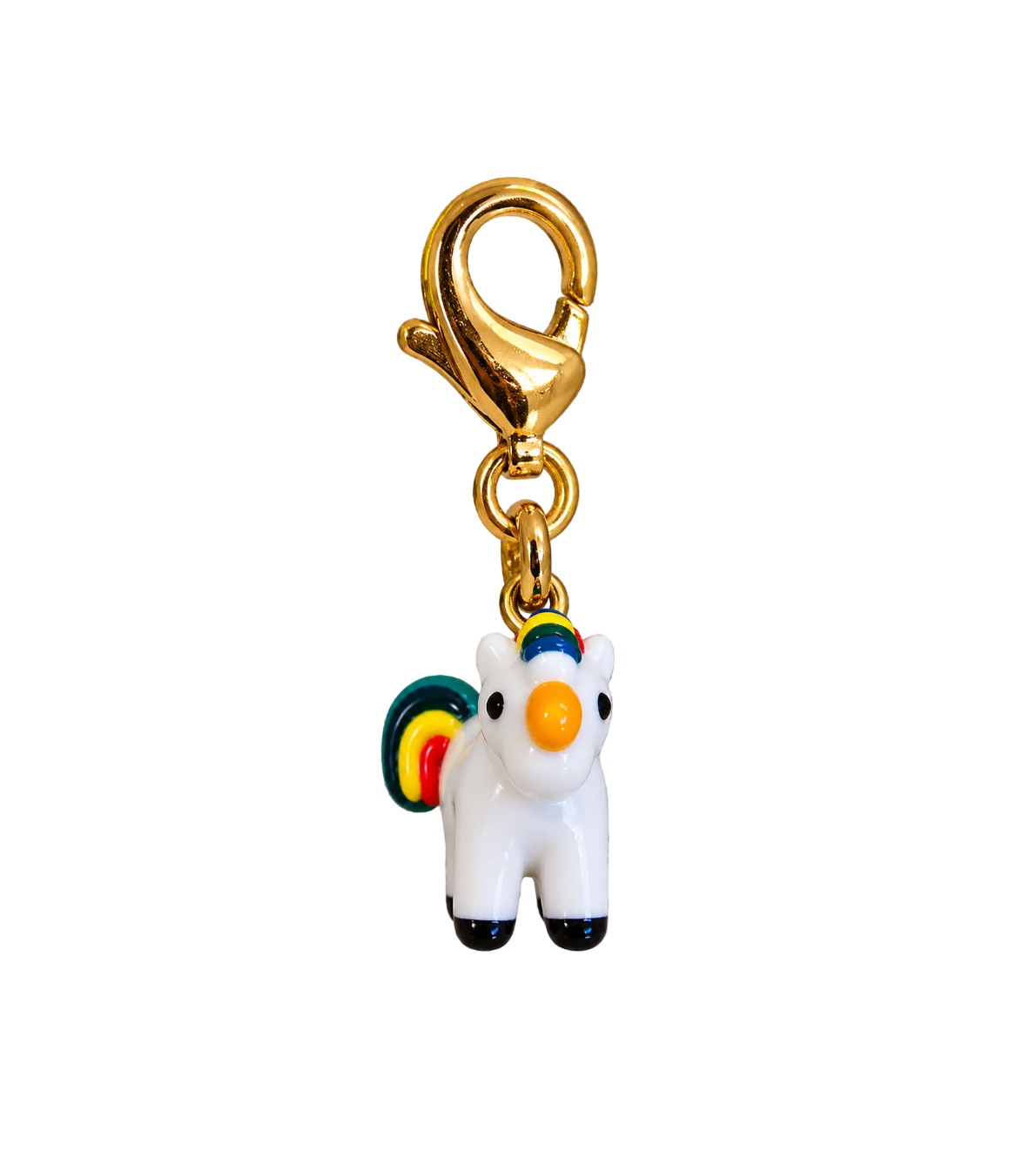 A white enamel-style unicorn charm with a rainbow-colored mane and tail, black hooves, and a shiny gold lobster clasp attached at the top, shown on a plain white background.