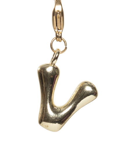 Gold plated letter V charm stainless steel clasp on a white background