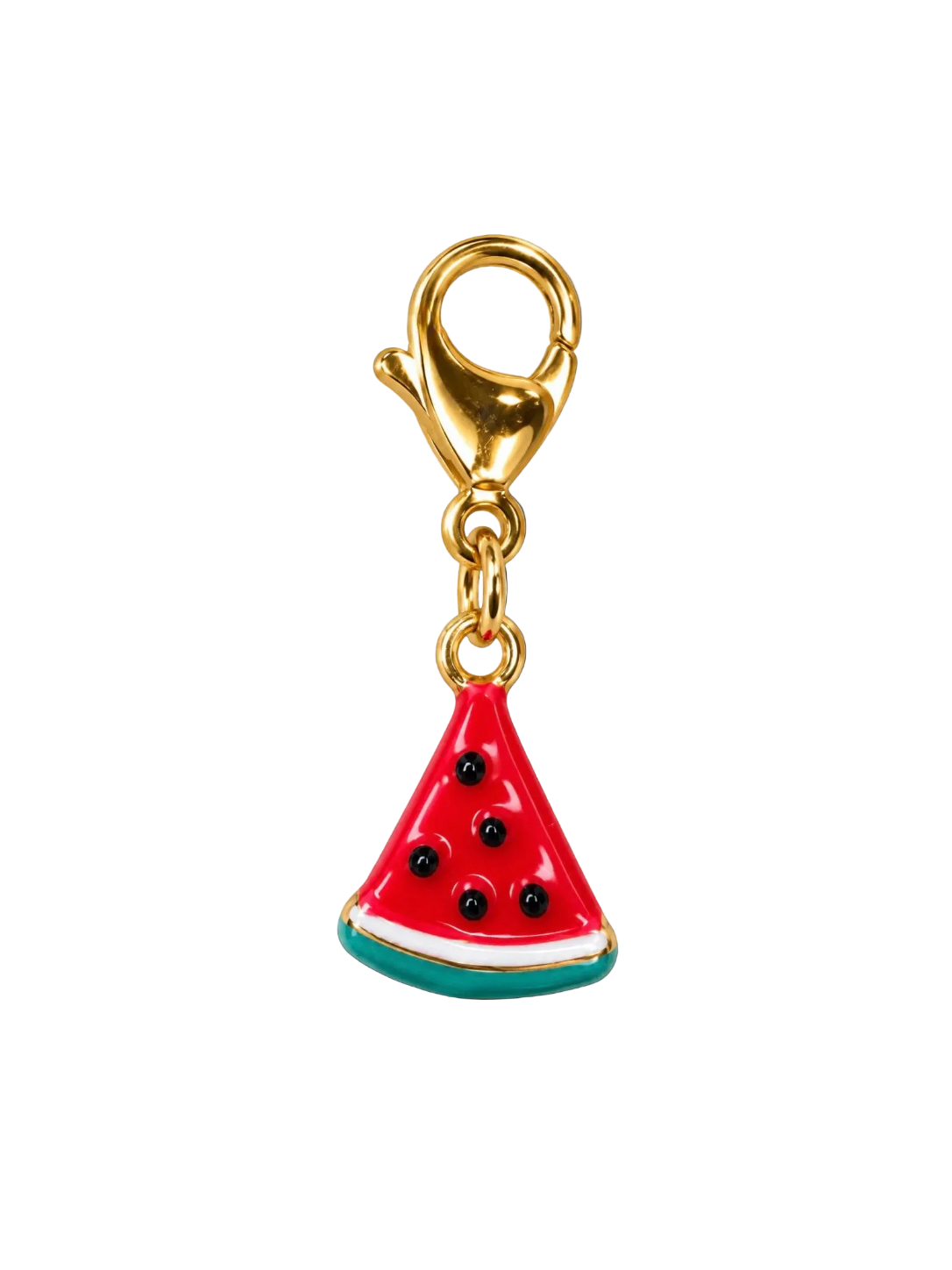 A watermelon slice charm with a gold-tone lobster clasp, featuring red and green enamel, black seeds, and a white rind detail, set against a plain white background.