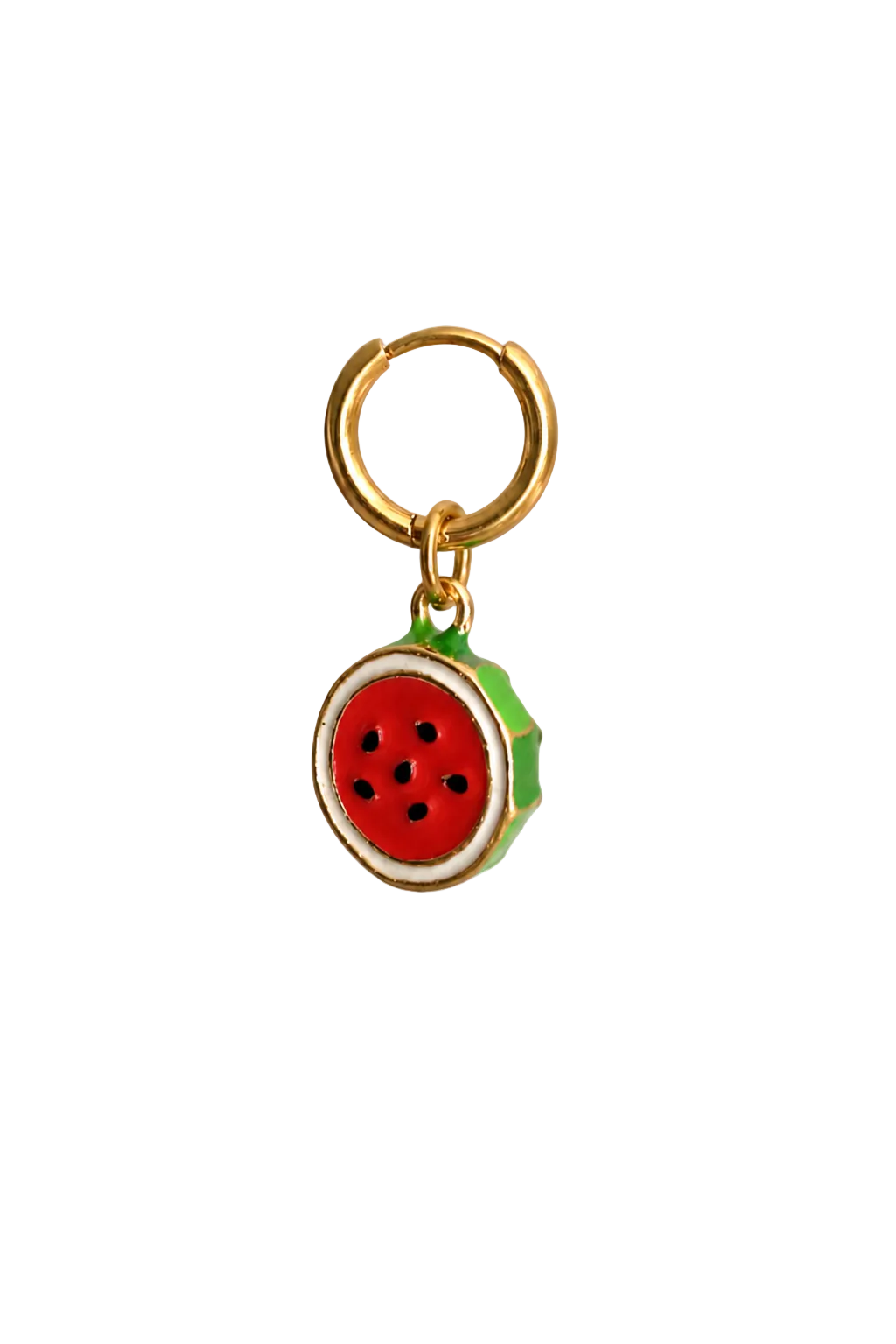 A watermelon-themed keychain charm featuring a red and green enamel watermelon slice with black seeds, attached to a gold-tone split ring, shown on a plain white background.