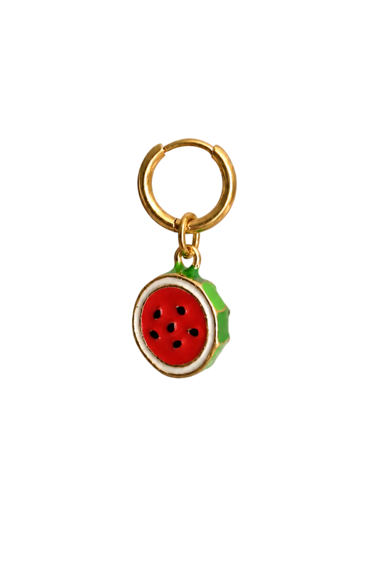 A watermelon-themed keychain charm featuring a red and green enamel watermelon slice with black seeds, attached to a gold-tone split ring, shown on a plain white background.