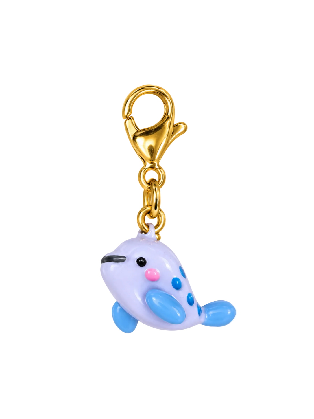 A small charm keychain featuring a cute, stylized whale character in pastel lavender, light blue, and pink, attached to a shiny gold lobster clasp, isolated on a white background.