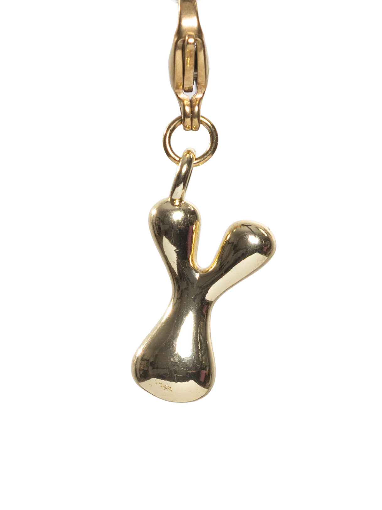 Gold plated letter Y charm stainless steel clasp on a white background
